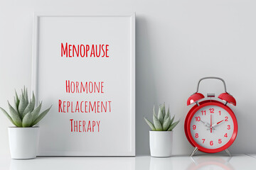 A red alarm clock sitting next to a poster, text Menopause, Hormone Replacement Therapy.