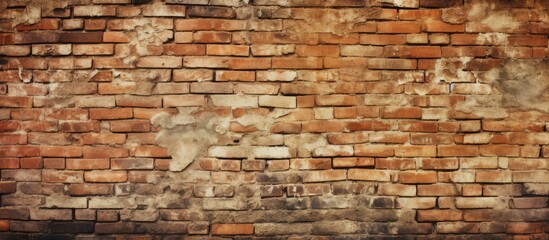 An aged brick wall with prominent texture and peeling paint, showcasing the passage of time and wear. The weathered surface tells a story of past durability now giving way to decay.