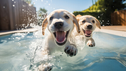 Celebrate National Puppy Day with two Labrador Retriever playful puppies, drenched in sunlight, frolic in a pool. Their wet fur glistens as they splash water joyfully in canine companionship - obrazy, fototapety, plakaty
