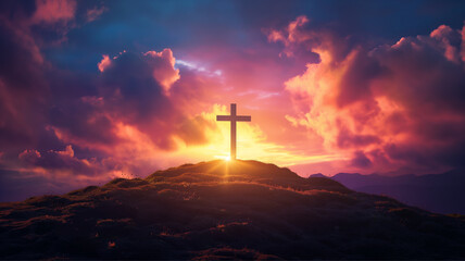 Crucifix cross on top of mountain with sunlight, Inspirational Christian image. easter concept - obrazy, fototapety, plakaty