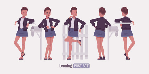Attractive girl stand leaning poses, young urban fashion woman wearing nice short high waist denim skirt, cute streetwear bomber jacket, casual summer sandals, female fade haircut. Vector illustration