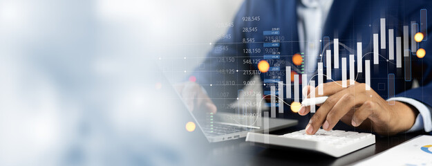 Business financing accounting banking concepts,Businessman calculating finances financial report and growth chart, Business growth analysis Laptop in corporate development strategic financial planning