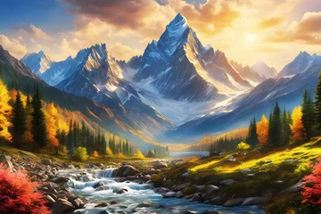 Fototapeten Landscape of Two Mountains and River (JPG 300Dpi 10800x7200) © CreativityMultiverse