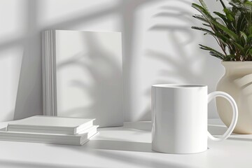 Fototapeta na wymiar Serene Morning: A White Coffee Mug Nestled Amongst a Towering Stack of Books. Generative AI.
