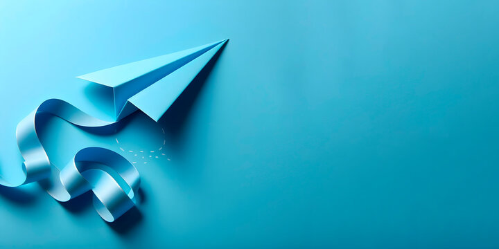 a blue paper plane isolated on blue background background, a banner with space for text