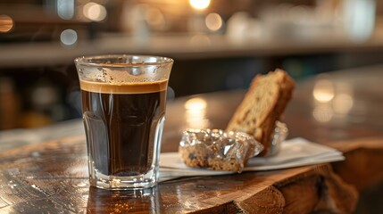 Italian espresso rich and dark with a piece of cantucci on the side - obrazy, fototapety, plakaty