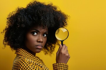 Black woman looking through a magnifying glass, concept of curiosity, observation.