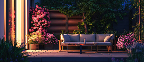 Evening scene with blooming spring garden on backyard. Terrace with plants, flowers, peonies, lounge furniture, lantern. Luxury penthouse patio. Exterior design. Villa facade. Copy space. Generative