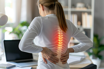 A woman working in an office has severe back pain at her workplace and touches her back. Ergonomic Alert: Woman Confronts Intense Back Pain at Desk, Urging Workplace Health Focus - obrazy, fototapety, plakaty