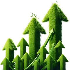 Illustration of upward-pointing arrows made of lush green grass, symbolizing eco-friendly progress,.