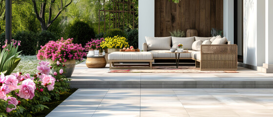 Morning scene with blooming garden on backyard. Sunrise at terrace with plants, flowers, peonies, lounge furniture, lantern. Luxury penthouse patio. Exterior design. Copy space. Generative AI