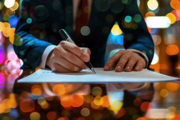 Businessman signing paper at table, business concept, contract signing, negotiation, bokeh background. - obrazy, fototapety, plakaty