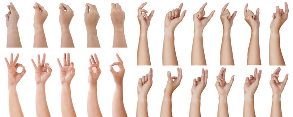  Male asian hand gestures isolated over the white background. Grab Thing with Two fingers Action....