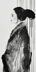 Elegant Monochrome Portrait: A Captivating Kimono-Clad Femme Fatale. Generative AI.