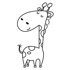 Coloring page with a cute cartoon style giraffe. Black and white African animal for children book. Isolated on white.