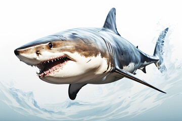 Obraz premium Picture shark draw by watercolor swims on ocean background. Realistic fish animal clipart template pattern. Open toothy dangerous mouth with many teeth. Ocean shark bottom view from below. 