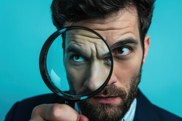 Man looking through a magnifying glass, concept of curiosity, observation and investigation.