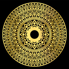 Luxury golden ethnic round ornament in mandala style on the black background. Decorative element. Hand-drawn.Vector illustration.