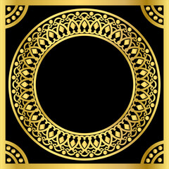 Luxury ethnic round ornament in golden color on a black background with a golden frame. Decorative element. Hand-drawn.Vector illustration.
