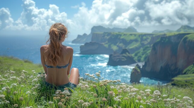 woman on the mountain by the ocean
