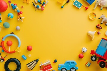 toy objects with space in yellow area round background top view
