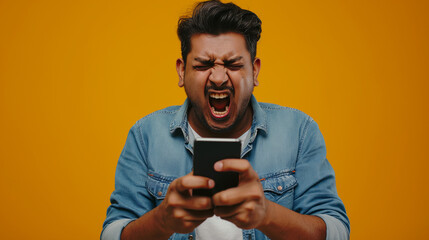 Indiano bravo usando um aplicativo de celular isolado no fundo laranja - obrazy, fototapety, plakaty