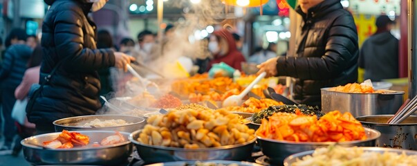 Korean street food market variety of snacks - obrazy, fototapety, plakaty