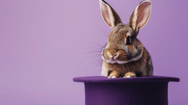 A rabbit in a magicians hat peeking out curiously set against a lilac solid color background invoking a sense of mystery and enchantment