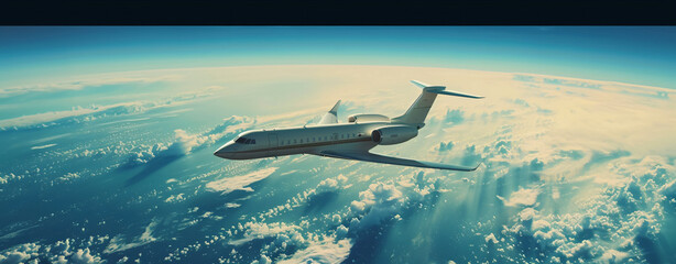 Private Jet Flying Over the Earth. Empty Blue Sky