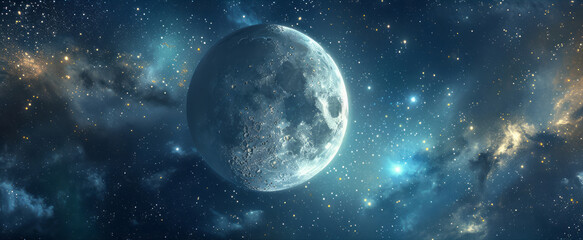 Obraz na płótnie Canvas A moon and stars are seen against blue skies, with a dark palette.
