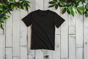Black t shirt Mockup on white wooden background 
