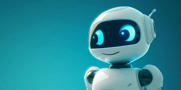 A cute white robot with blue eyes, with a shiny finish, on a matte background.