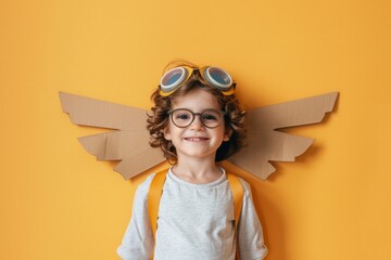 Child with pilot glasses and cardboard wings, concept of fun, adventure and childhood.