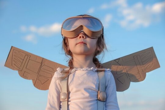Child with pilot glasses and cardboard wings, sky in the background, concept of fun and adventure.