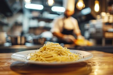 Plate with pasta on wooden table, chef in the background, gastronomy and cooking concept.