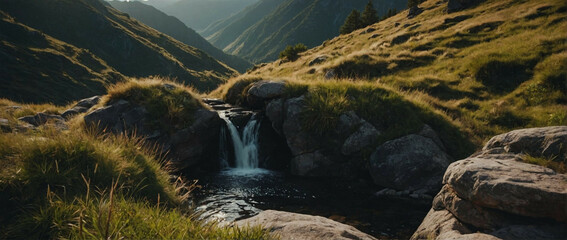 Small Waterfall Flowing in Valley