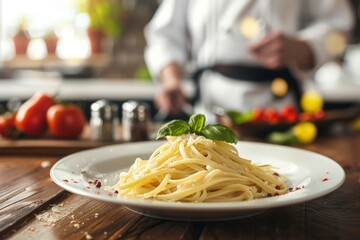 Plate with pasta on wooden table, chef in the background, gastronomy and cooking concept.