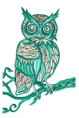 Fototapeta premium A drawing of an owl sitting on a branch, embroidery on white background
