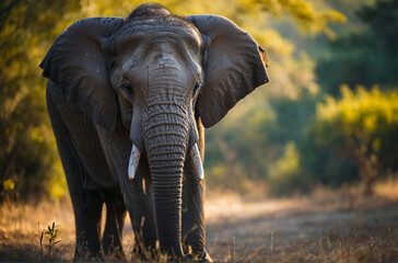 Naklejka premium Elephant Stands Alone at Sunset, surrounded by trees.