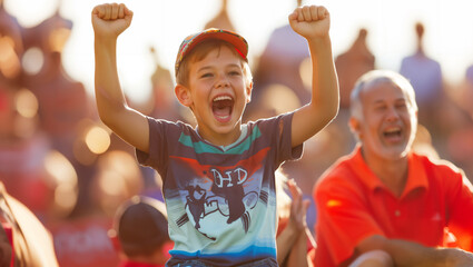 A boy and his grandfather are enthusiastically cheering for their beloved team at the stadium.