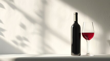 A white surface hosts a dark crimson bottle of wine and a glass.