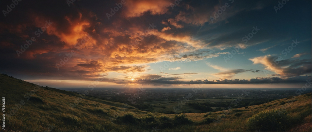 Wall mural sun setting over grassy hill