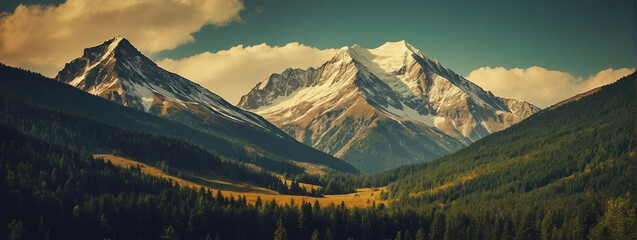 Majestic Mountain Range With Trees and Clouds - Powered by Adobe