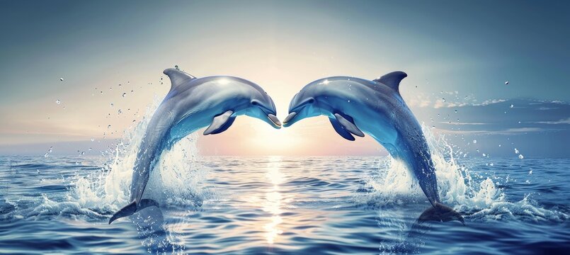 Graceful dolphins leaping in heart shape under tropical sun in crystal clear ocean waters