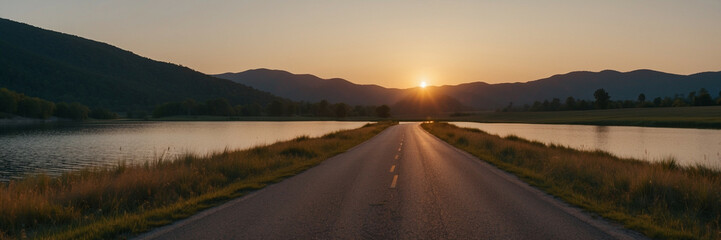 Fototapeta premium Sun Setting Over Road Near Lake