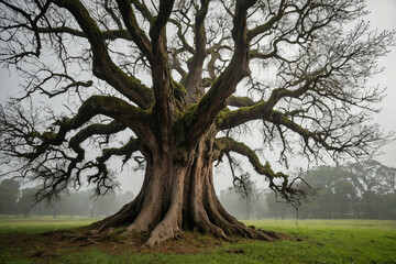 Obraz premium Ancient Tree Standing in Foggy Field