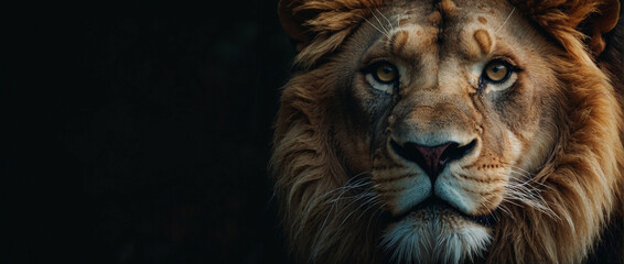 Fototapeta premium Close Up of a Lions Face on a Black Background