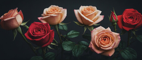 Group of Red and Orange Roses on Black Background