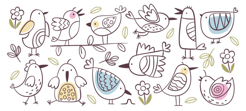 Cute birds singing, sitting, tweeting and flying doodle outline drawing prints vector illustration