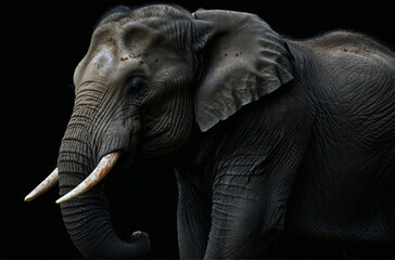 Naklejka premium Majestic Elephant With Tusks in Front of Black Background